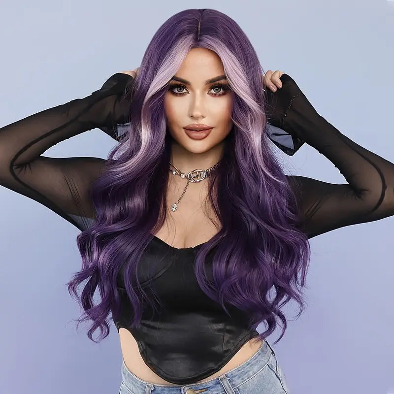 Purple High Density Wig - Long Wavy Middle Part Loose Highlight Violet Curly