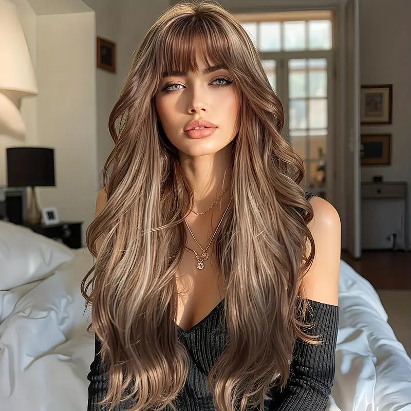 28 Inch Butterfly Haircut Long Wavy Curly Hair Wigs With Bangs For Women