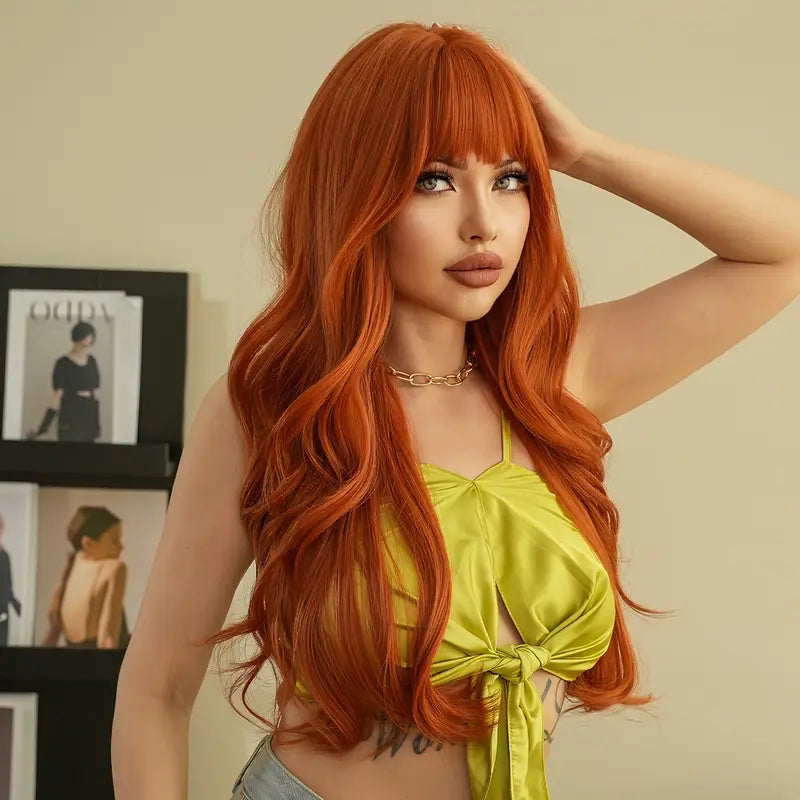 Loose Body Wave Light Orange Wig – 28 inch Curly Wig with Bangs for Women, Daily Wear & Music Festivals