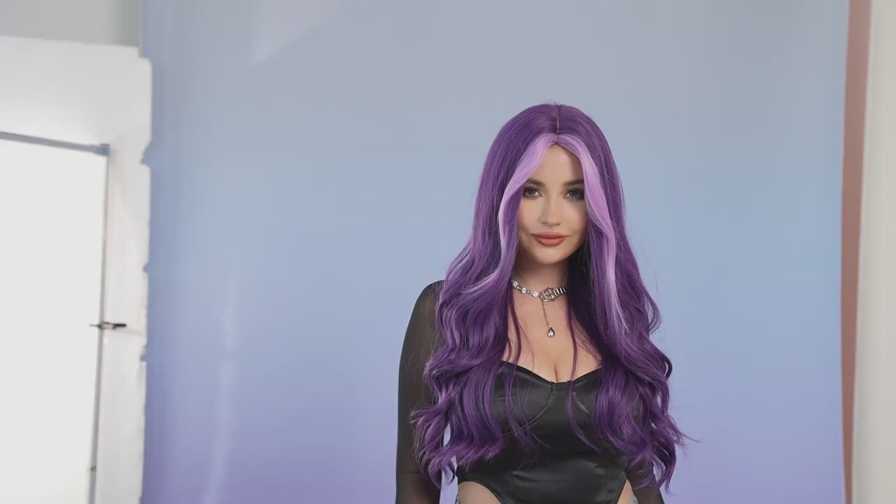 Purple High Density Wig - Long Wavy Middle Part Loose Highlight Violet Curly