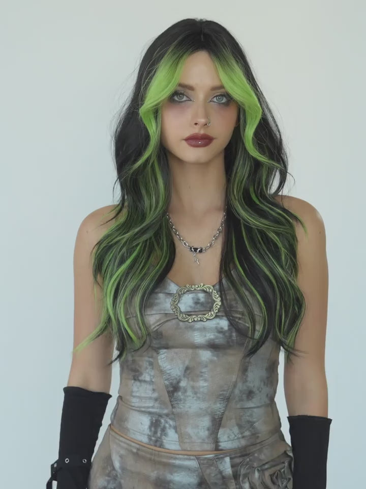 Long Wavy Black Wig with Light Green Highlights